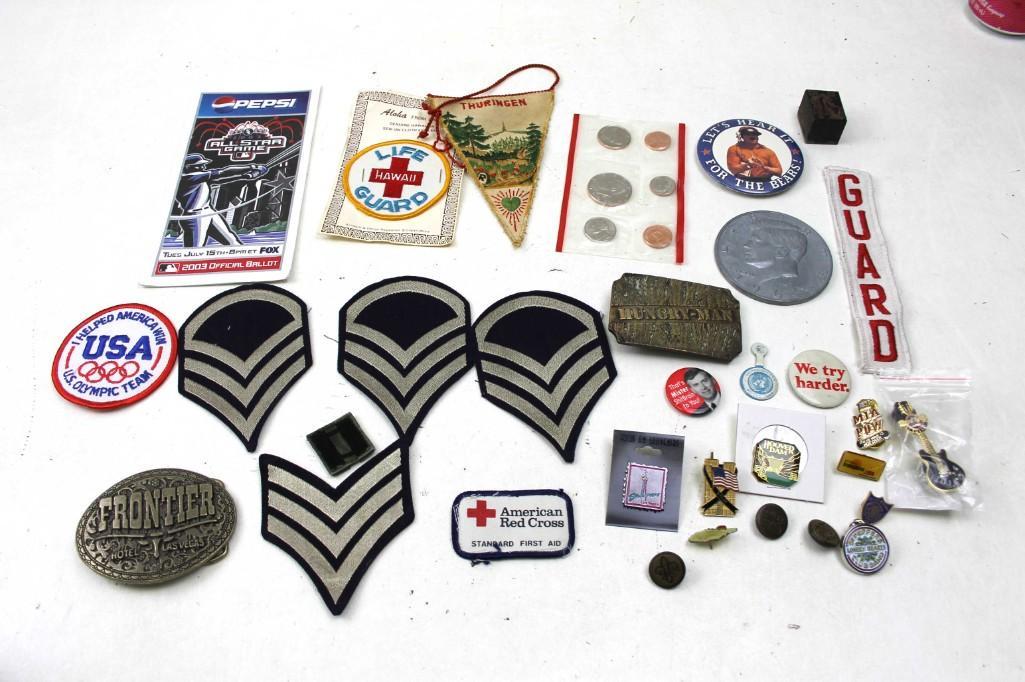 Misc. Lot, Belt Buckles, patches, Pins, coins, buttons,: Misc. Lot, Frontier Las Vegas Belt Buckle, Hungry man, patches, Pins, coins, buttons, etc.