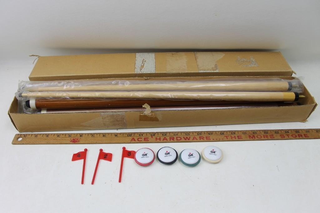 Pool Cues and a Table Golf Set: Pool Cues and a Table Golf Set Pool cues unscrew to take up less space