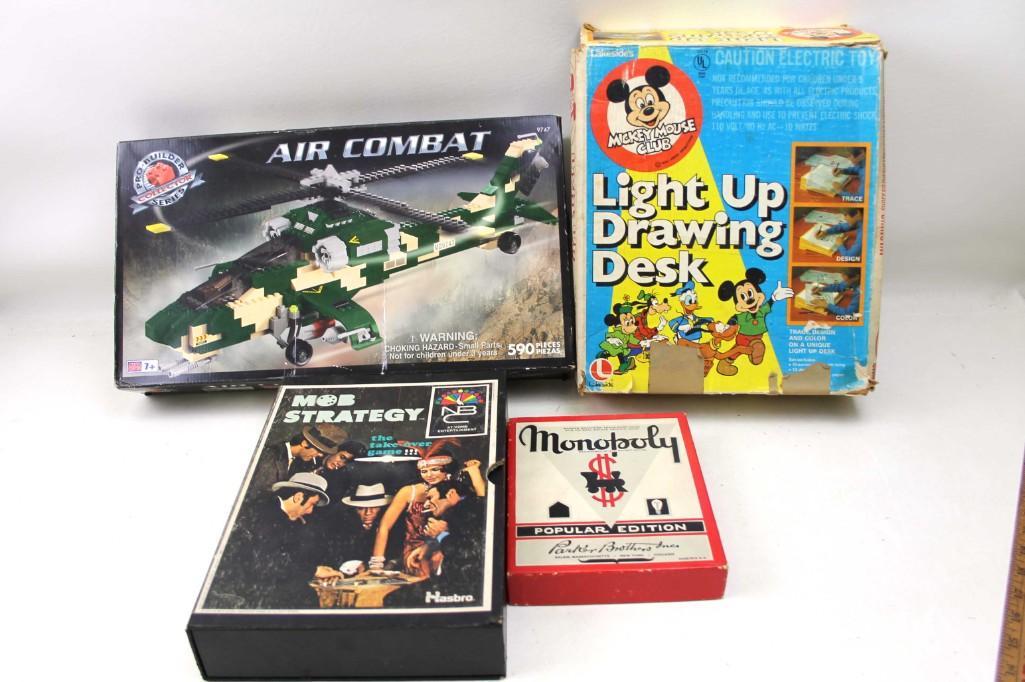 Misc. Lot Mickey Mouse Drawing Desk, Mob Stategy Game,: Misc. Lot Mickey Mouse Drawing Desk, Mob Stategy Game, Helicopter Kit, Monopoly Game