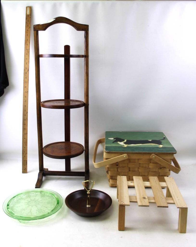 Misc Lot incl Depression Glass , Hound Dog Basket ,: Misc Lot incl Depression Glass , Warren Kimble Hound Dog Picnic Basket , Plate Rack, etc.