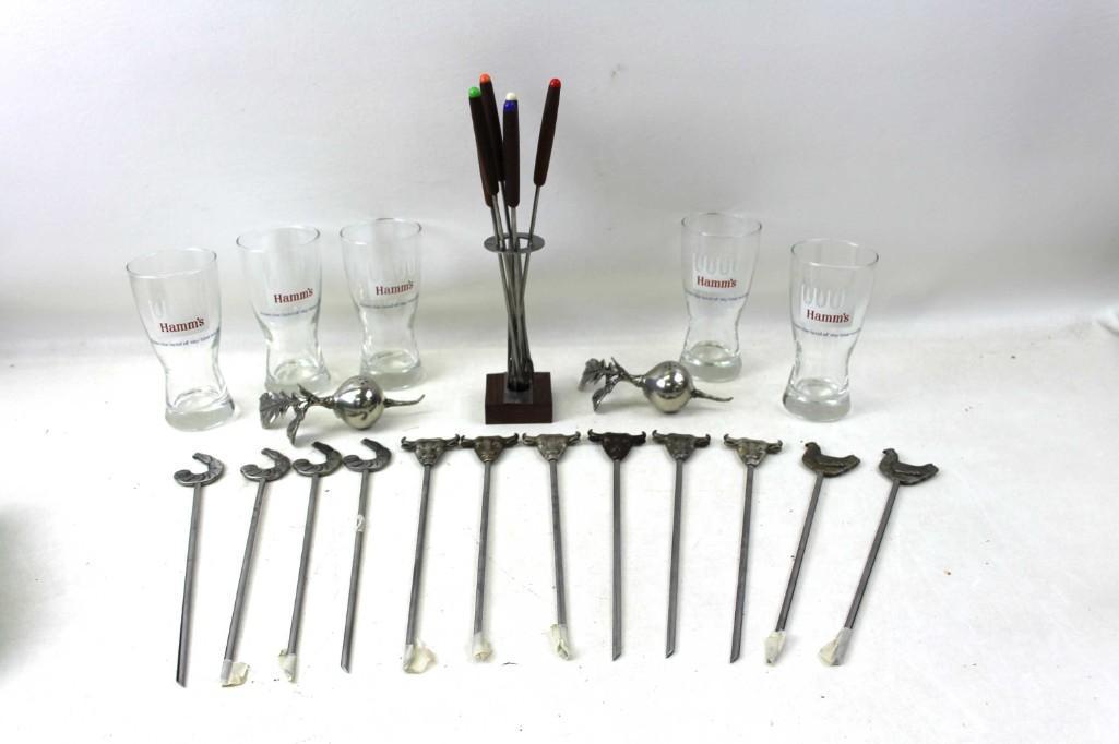 Vintage Lot incl Hamm's Beer Glasses , Metal Radish: Vintage Lot incl 5 Hamm's Beer Glasses , Vintage Metal Radish Salt and Pepper Shakers , Fondue Skewers