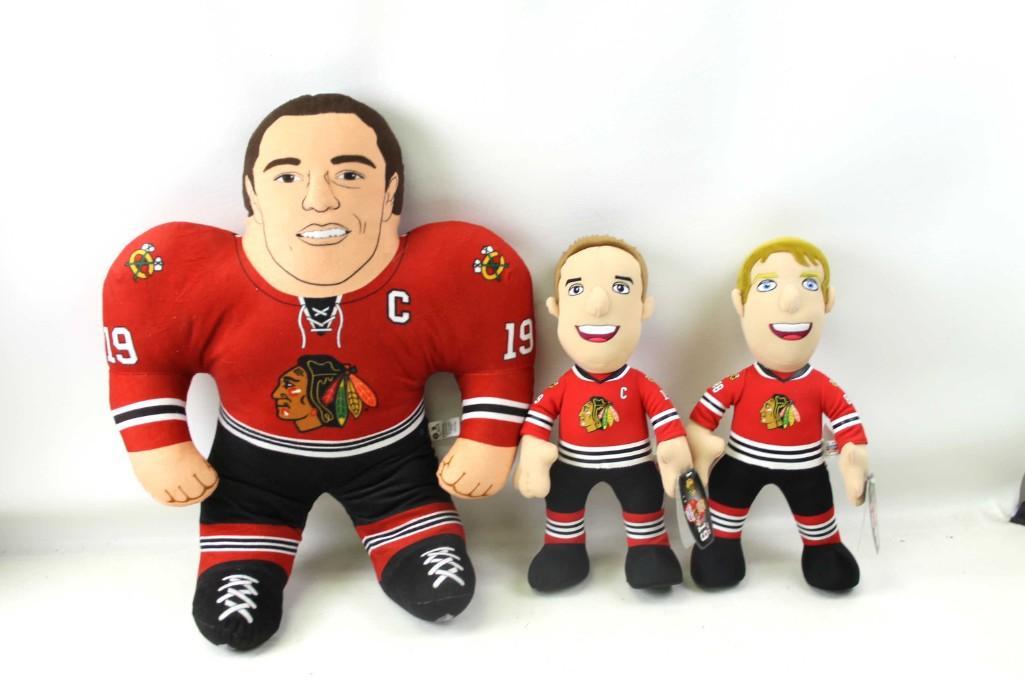 Lot of 3 Plush Chicago Blackhawks Hockey Players incl 2: Lot of 3 Plush Chicago Blackhawks Hockey Players incl 2 Jonathon Toews and a Patrick Kane . The 2 smaller ones still have their original tags