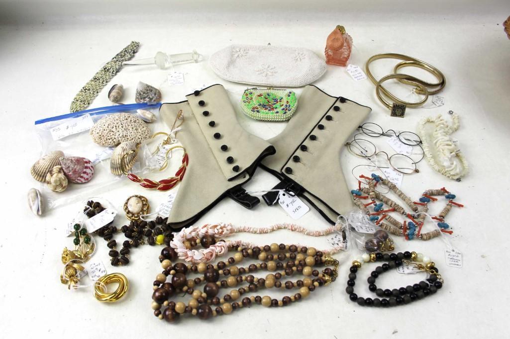 Lot of Vintage Jewelry , Glasses , Spats , Beaded: Lot of Vintage Jewelry , Glasses , Spats , Beaded Purses , Cologne Atomizer , Shells , Smalls , Etc