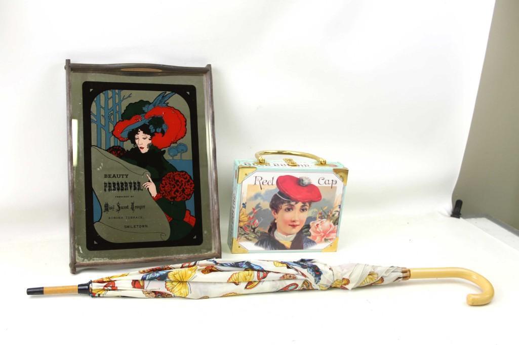 Misc Lot incl Mirror Tray , Red Cap Box , Butterfly: Misc Lot incl Mirror Tray , Red Cap Box , Butterfly Umbrella