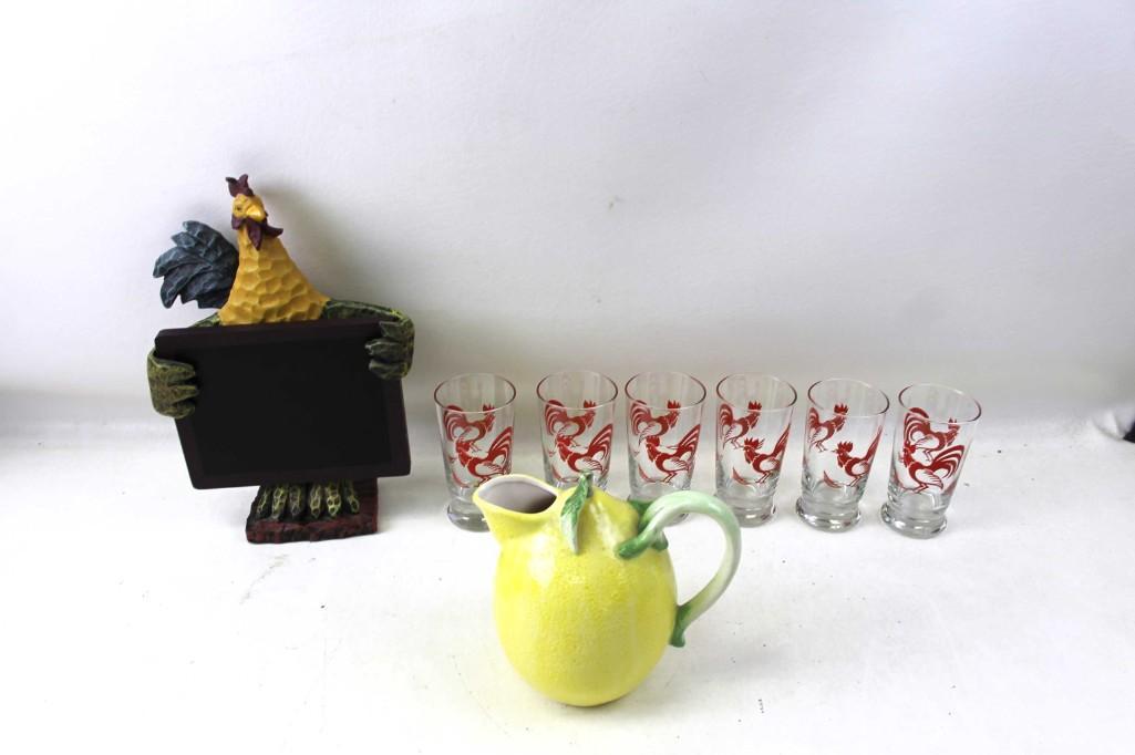 Vintage Libbey Red Rooster Tumblers Plus a Lemon: Vintage Libbey Red Rooster Tumblers Plus a Lemon Pitcher and a Rooster Decor Item