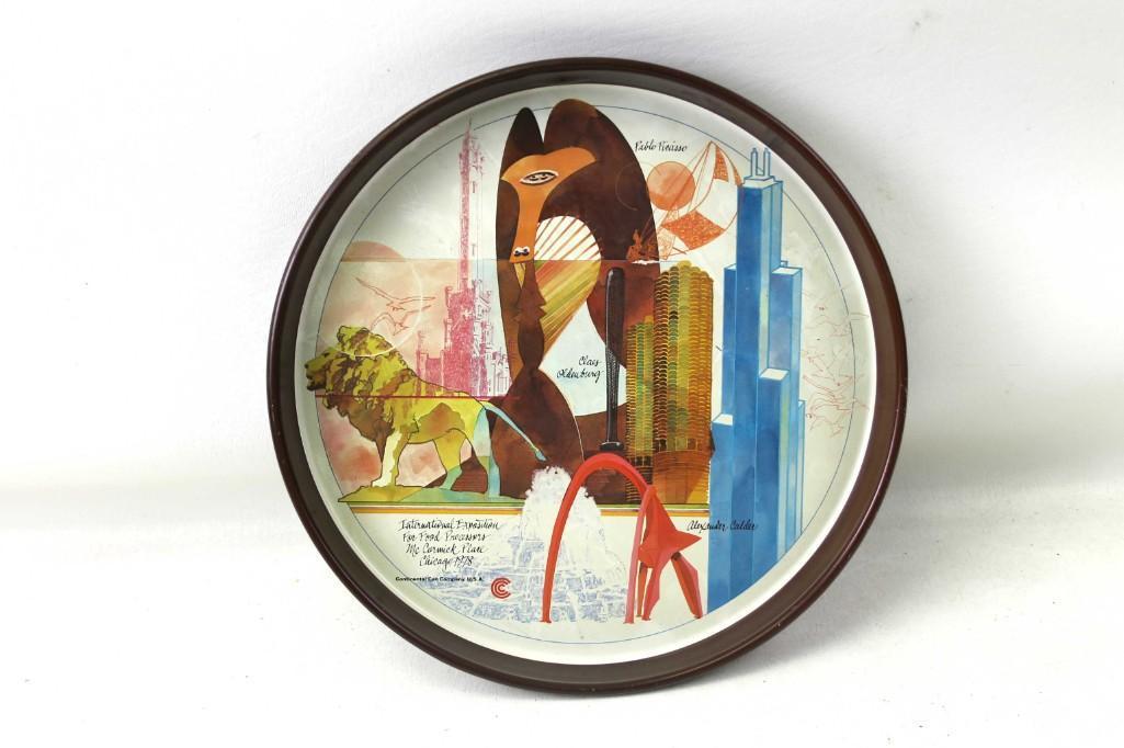 Vintage Chicago Souvenir Bar Tray: Chicago Souvenir Bar Tray . On the back it says " To commemorate the 1978 International Exposition for Food Processors , We present the artists Pablo Picasso , Alexander Calder , and Claes Olden