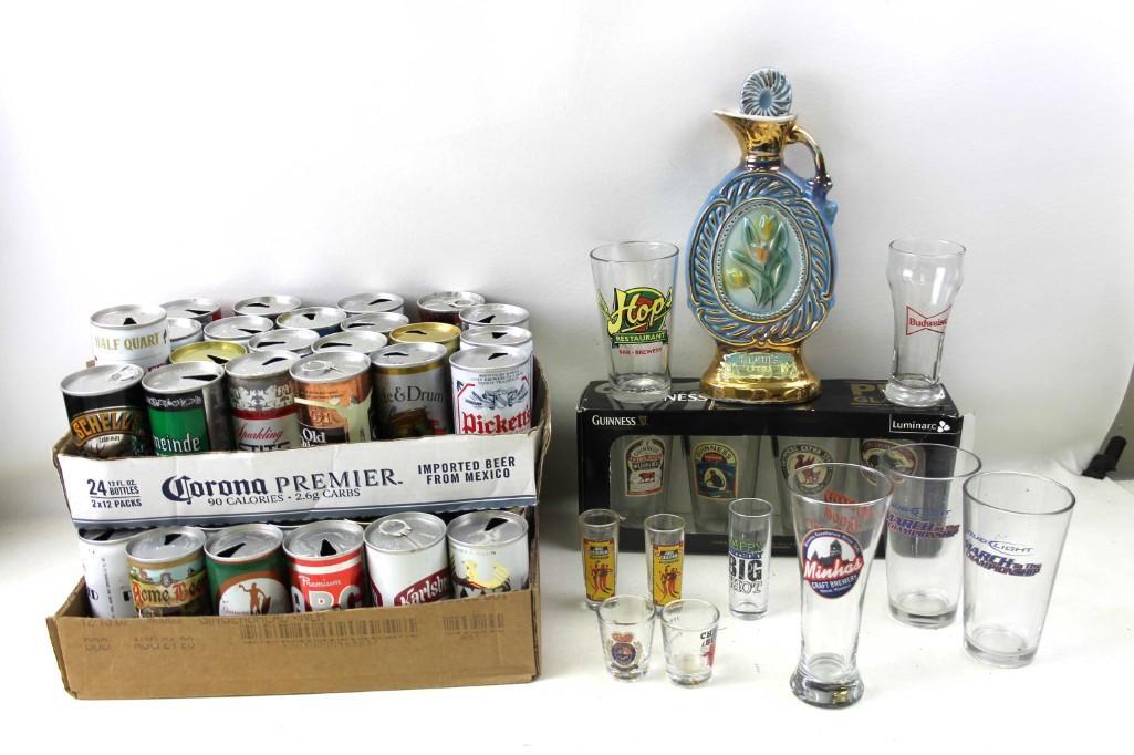 Large Beer and Alcohol Collection Lot: Large Beer and Alcohol Collection Lot Lots of old beer cans, shot glasses, Beer Glasses, Jim Beam Decanter, Guinness Bar Glass Set in box, etc.