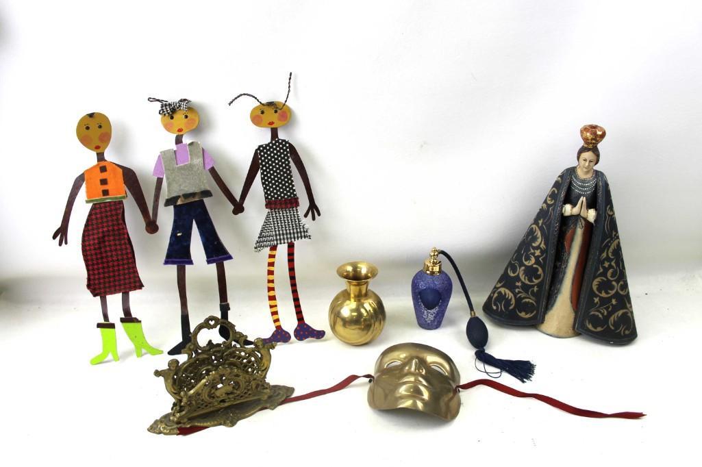 Lot of Misc Decor incl Bass Mask , Cologne Atomizer ,: Lot of Misc Decor incl 3 Chicks Signed Cutout Wall Hanging , Bass Mask , Perfume Atomizer , Figures , Brass Vase ,Etc