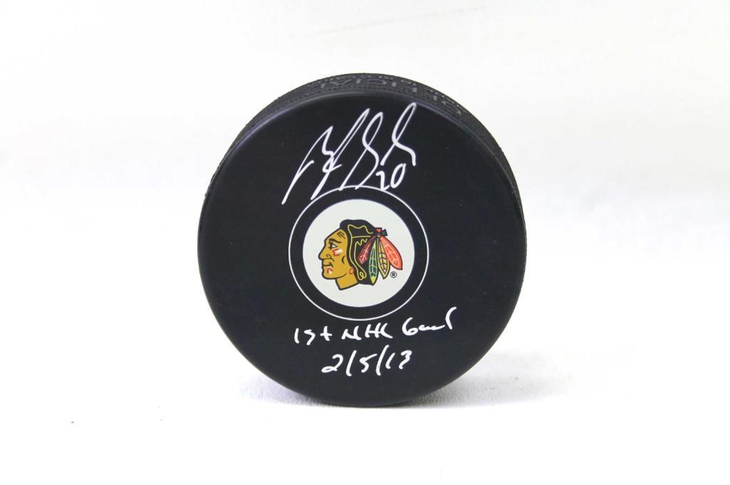 Hockey Puck Signed Brandon Saad w 1st NHG Goal 2/5/13: Hockey Puck Signed Brandon Saad w 1st NHG Goal 2/5/13 Inscription No Certificate of Authenticity
