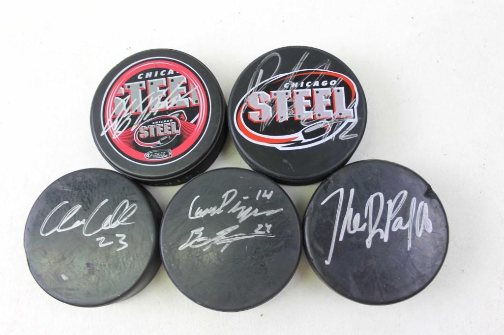 Lot of Signed Hockey Pucks , NO COAs: Lot of Signed Hockey Pucks , No Certificates of Authenticity