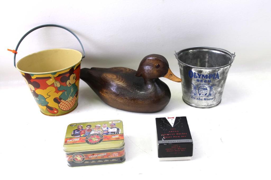 Lot of Collectibles incl Carved Wooden Duck , Mickey (1 of 6)