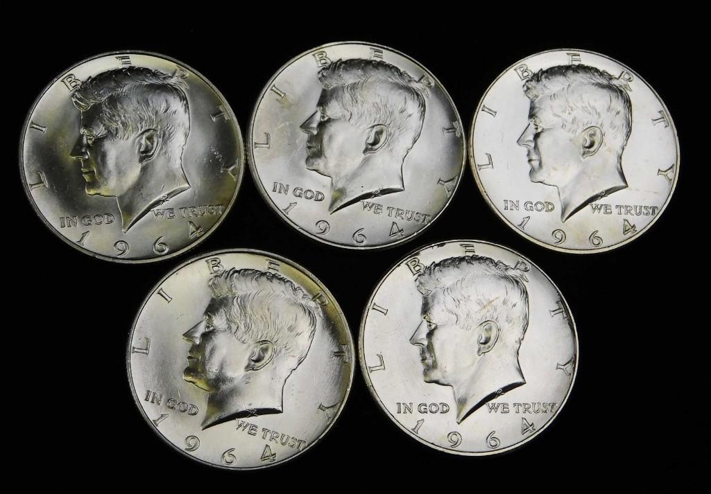 5 BU 1964-D Kennedy Half Dollars (1 of 2)