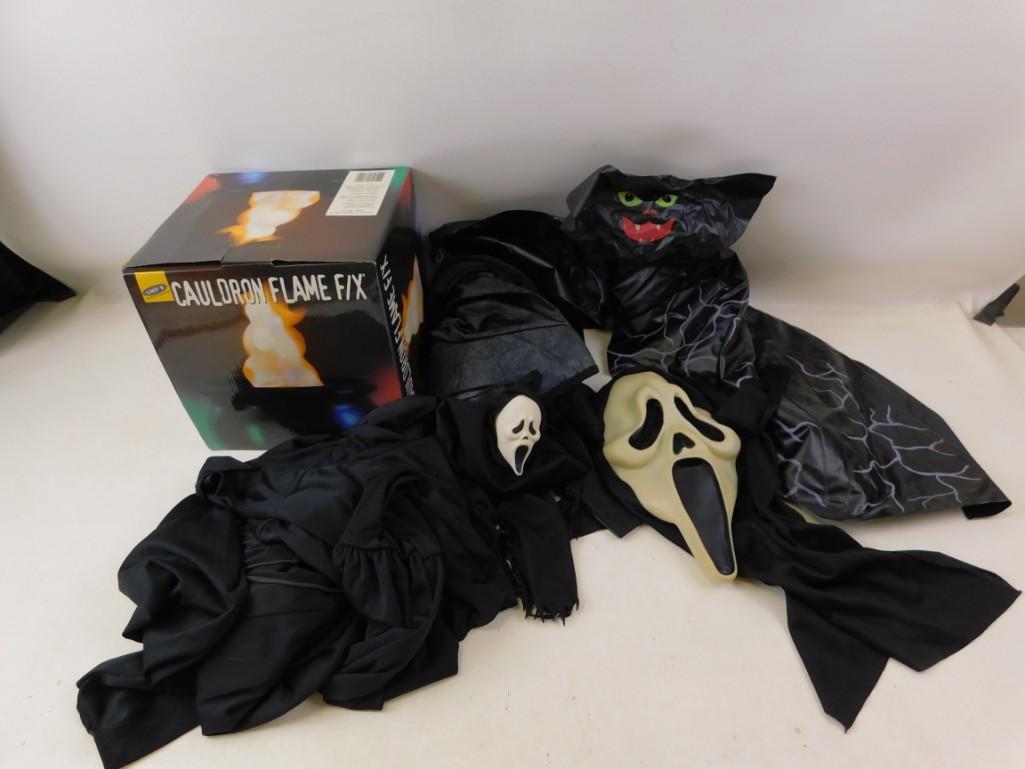 Halloween Lot - Scream Costume, blow up Bat, Cauldron: Halloween Lot - Scream Costume with the mask, blow up Bat, Cauldron Flame, etc. Looks like there's also part of a pirate costume even though Talk Like a Pirate Day was a few days back.