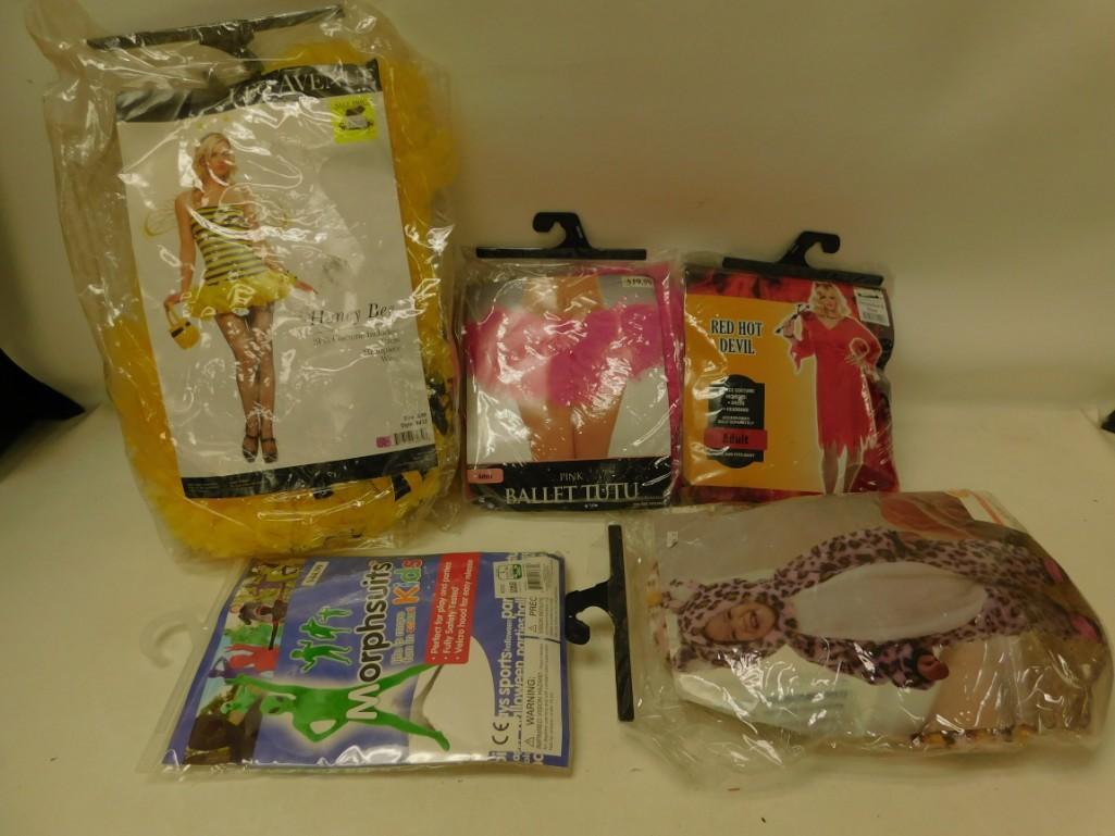 Lot of Halloween Costumes Honey Bee, Ballet Tutu, Red: Lot of Halloween Costumes Honey Bee (Adult Size S/M), Ballet Tutu (Adult), Red Hot Devil (Adult Size Regular), Green Alien (Child Size L), and Leopard (Baby 6-12 months)