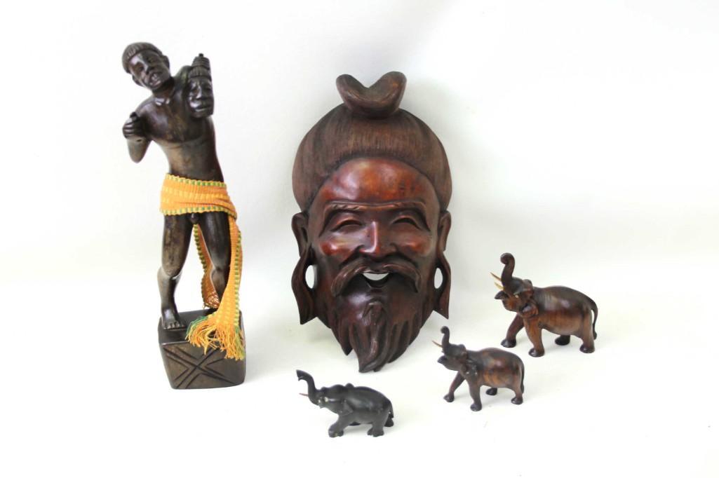 Carved Wood Collectibles - Mask, Figurine, 3 Elephants: Carved Wood Collectibles - Mask, Figurine, 3 Elephants