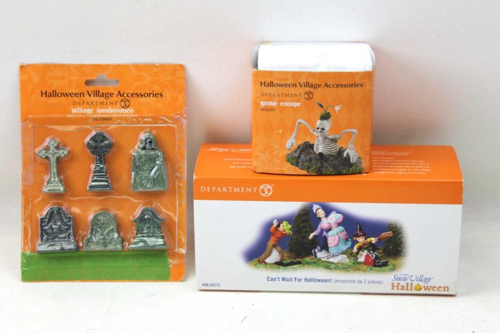 Lot of Dept 56 Halloween incl Snow Village Halloween: Lot of Department 56 Halloween incl Snow Village Cant Wait for Halloween Ensemble , Halloween Village Accessories Grave Escape , and Halloween Village Accessories Village Tombstones . All are in