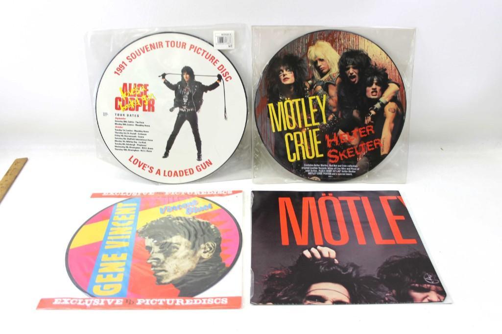 Lot of 3 Unused Picture Discs incl Motley Crue , Alice: Lot of 3 Unused Picture Discs with Original Sleeves incl Motley Crue Helter Skelter , Alice Cooper Love's a Loaded Gun , Gene Vincent Vincent Blues
