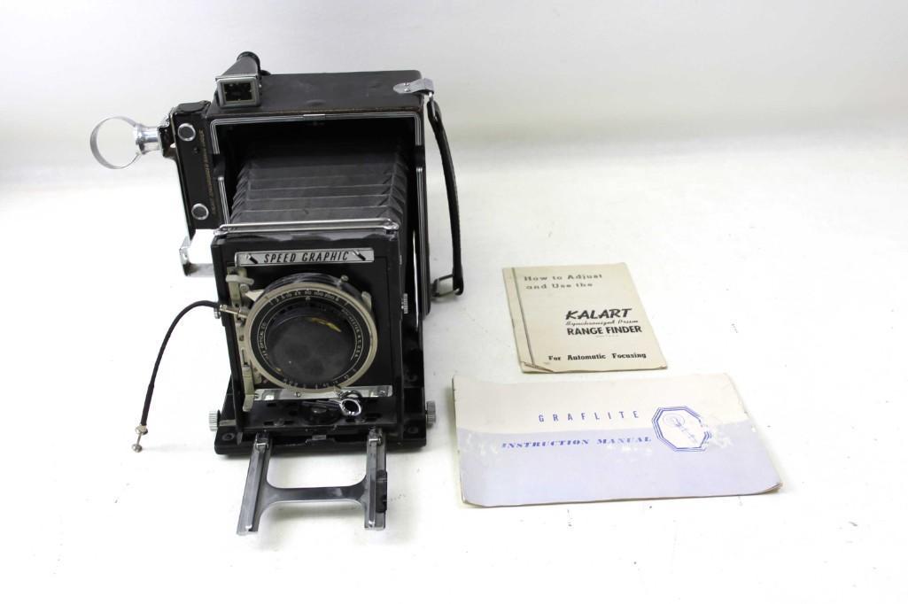 Graflex Speed Graphic Camera w Kalart Synchronized: Vintage Graflex Speed Graphic Camera w Kalart Synchronized Prism Range Finder or Rangefinder Lot A