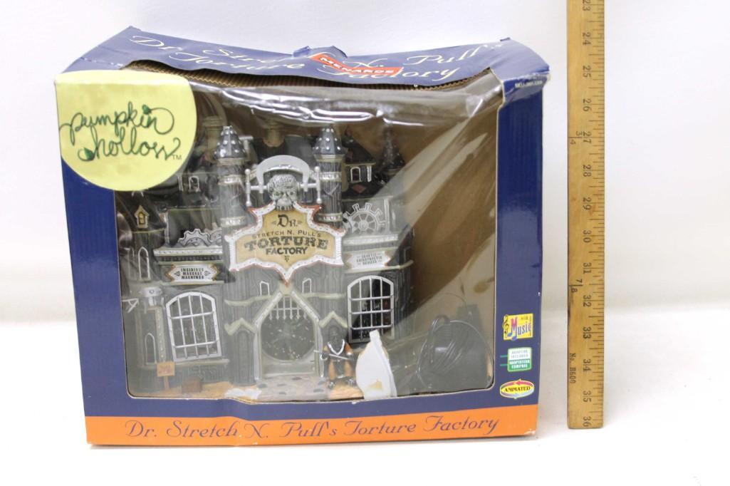 Lemax Pumpkin Hollow Dr. Stretch N Pull's Torture: Lemax Pumpkin Hollow Dr. Stretch N Pull's Torture Factory Halloween Village Decoration . Has some damage. Condition: Guillotine is broken off, some of the people are no longer glued on.&nb