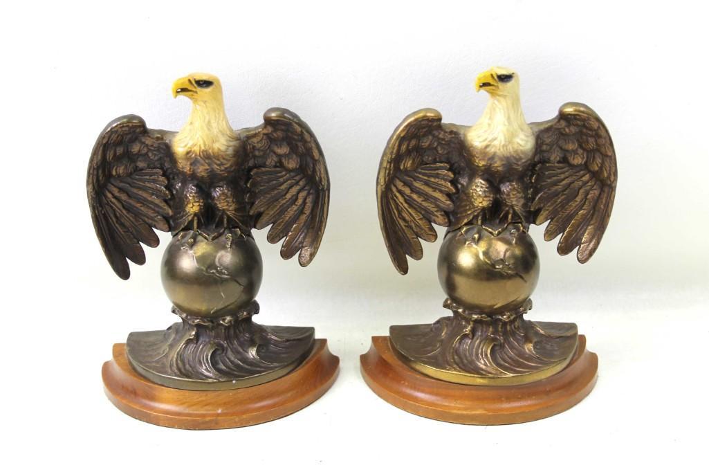 Set of Bald Eagle Bookends: Set of Bald Eagle perched on a globe Bookends Patriotic and Academic with Wood Bases