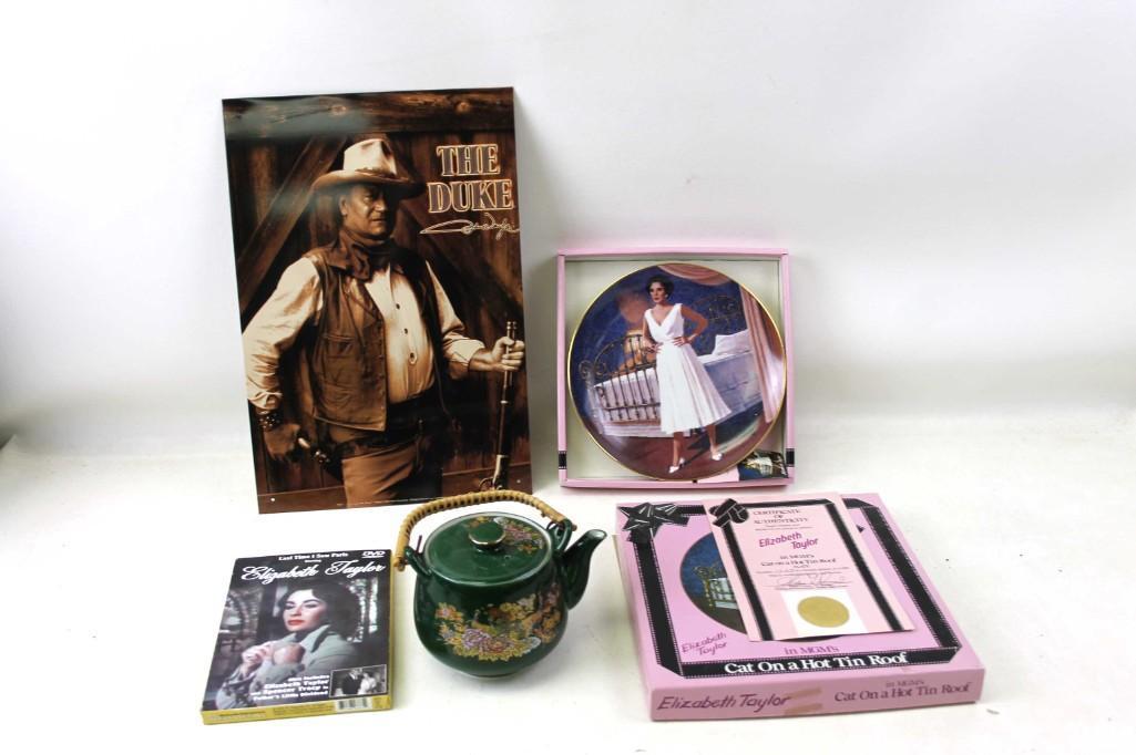 John Wayne Elizabeth Taylor Lot: John Wayne Elizabeth Taylor Lot , Includes a John Wayne The Duke sign , Elizabeth Taylor collector plate, Last Time I Saw Paris dvd, and a green vintage teapot