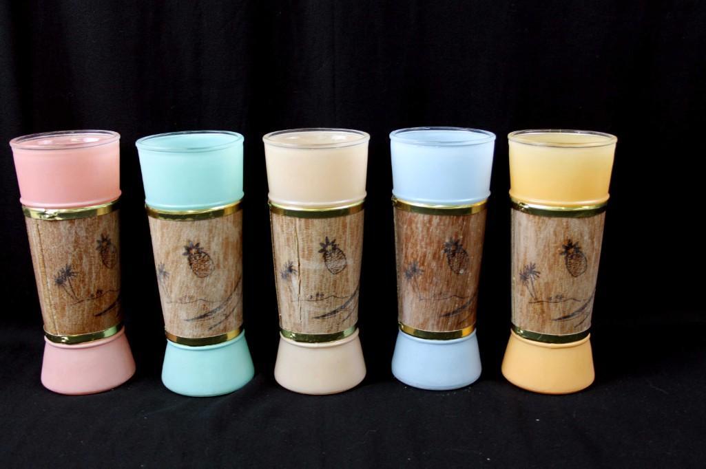 Set of 5 Mid Century Siesta Ware Glasses: Set of 5 Vintage Mid Century Siesta Ware Glasses or Tumblers in Pastel Colored Frosted Glass with Wood Condition: Wood has some wear and cracks. Please see all pictures