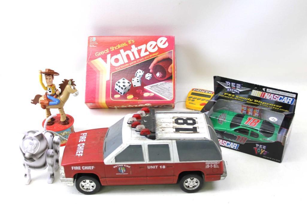 Lot of Toys incl Woody from Toy Story , Fire Chief: Lot of Toys incl Woody from Toy Story , Fire Chief Vehicle , Pez Nascar Candy Dispenser, etc