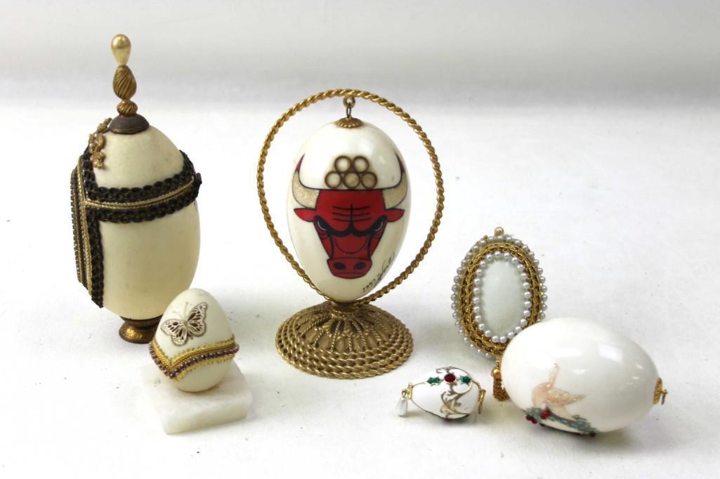 Vintage Decorated Egg Shells: Vintage Decorated Egg Shells plus a Chicago Bulls egg (We are not sure if the Chicago Bulls ones is made from a real egg shell or not).
