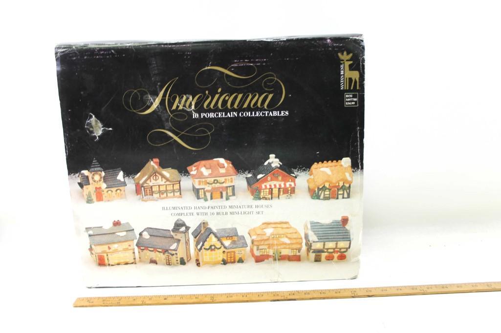 Americana Miniature Porcelain Christmas Village Houses: Americana 10 Miniature Porcelain Christmas Village Houses and Buildings with lights