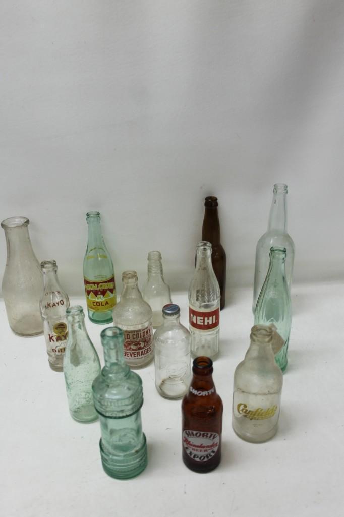 Lot of Vintage / Antique Bottles: Lot of Vintage / Antique Bottles Includes Shorty Export Rhinelander, Old Colony Beverages,Canfield's, Nehi, Kayo, Royal Crown, etc.