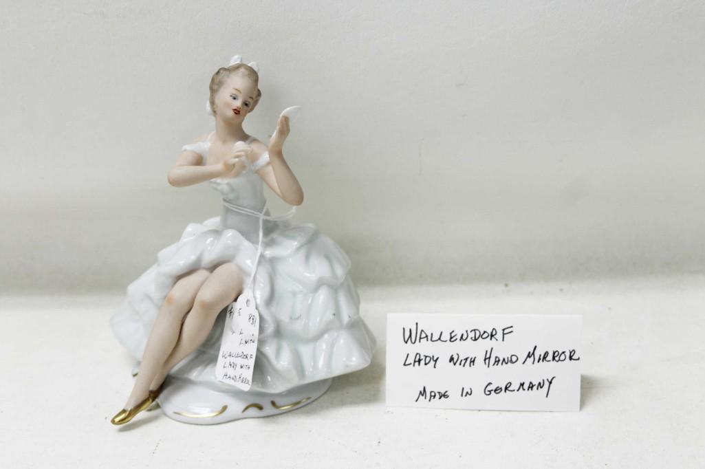 Vintage Wallendorf Lade with Hand Mirror Porcelain: Vintage Wallendorf Made with Hand Mirror Porcelain Figurine made in The Democratic Republic of Germany