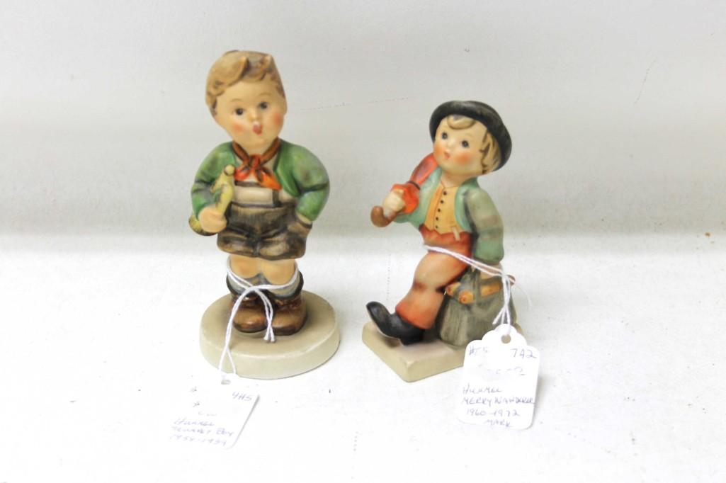 Lot of 2 Vintage Hummel Figurines 1 from 1958-1959 and: Lot of 2 Vintage Hummel Figurines including a Trumpet Boy from 1958 or 1959 and a Merry Wanderer from between 1960 - 1972