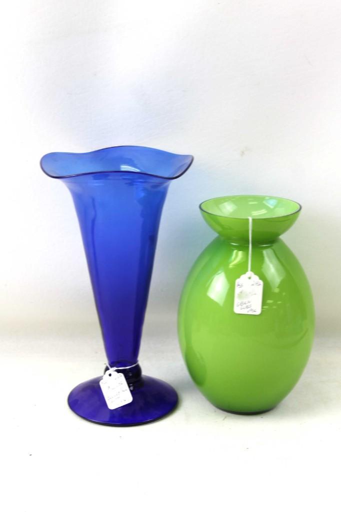 Blenko Glass Cobalt Blue Footed Vase and a Green Glass (1 of 6)