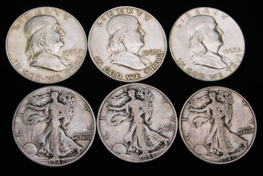Lot of 6 Half Dollars 90% Silver incl 3 Walking Liberty (1 of 2)