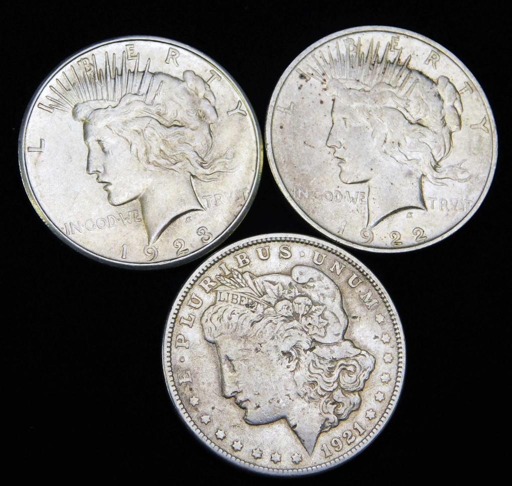 3 Silver Dollars incl 1921-P Morgan Dollar , 1922-P and (1 of 2)