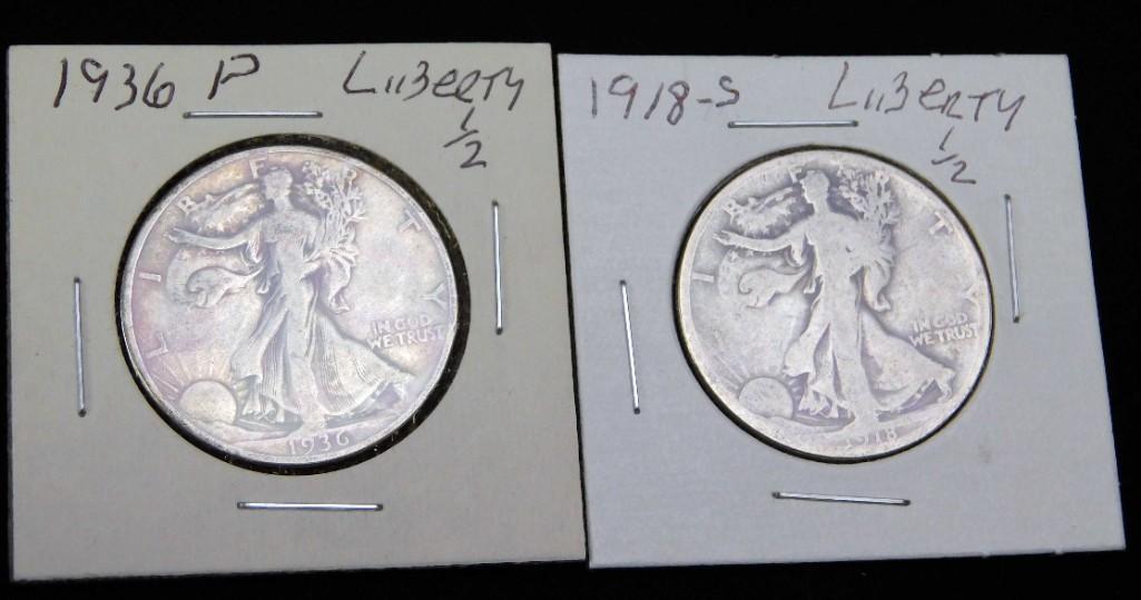 2 Walking Liberty Half Dollars incl 1918-S and 1936-P: Lot of 2 coins including a 1918-S walking liberty half dollar and a 1936-P walking liberty half dollar