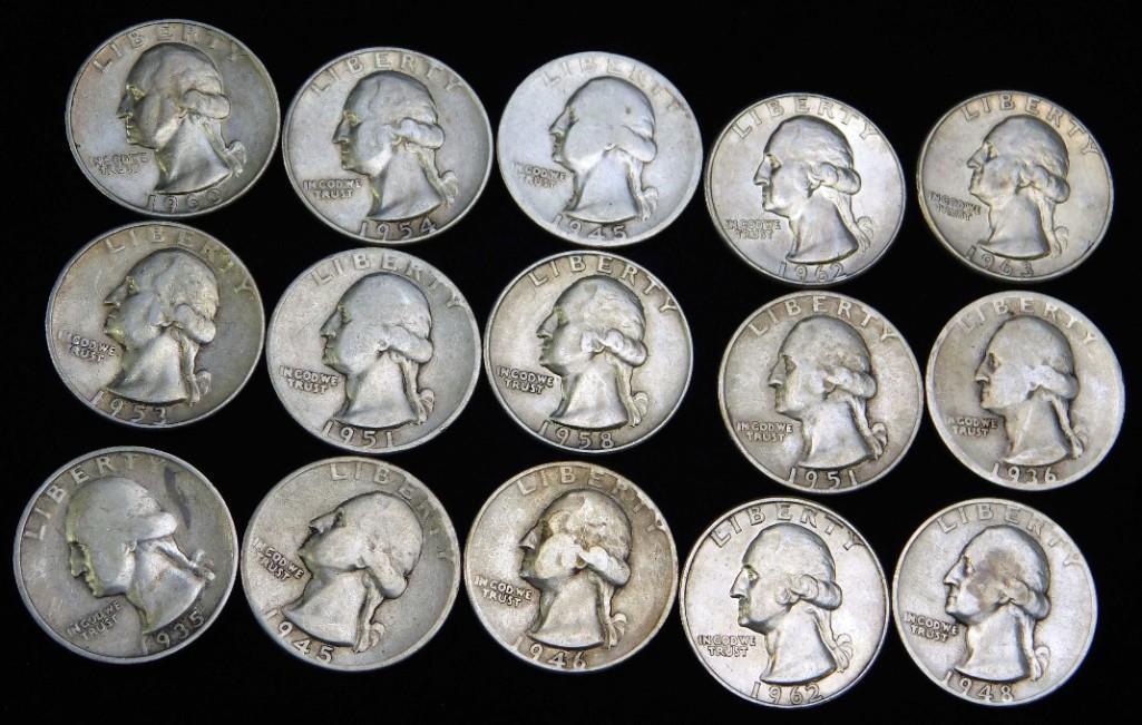 Lot of 15 Washington Quarters 90% Silver (1 of 2)