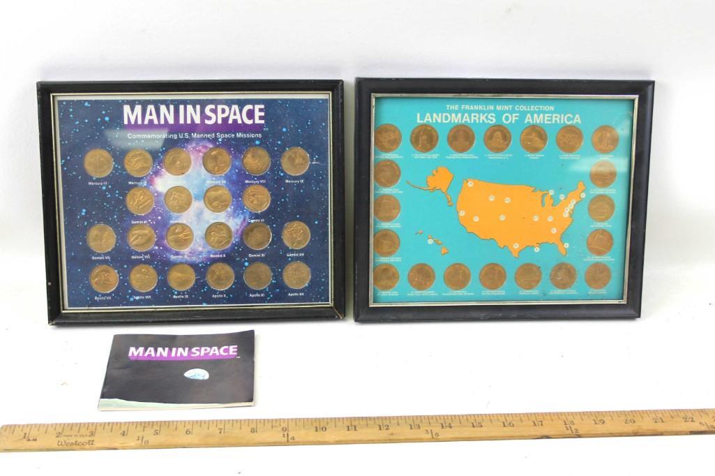 1969 Franklin Mint Landmarks of America Coin Set and: Framed 1969 Franklin Mint Landmarks of America Set and Man in Space Bronze Set . These are nice collectors tokens / medallions 
