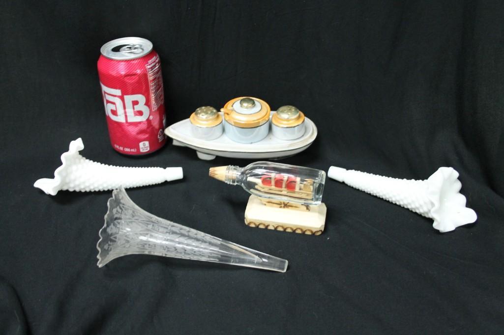 Lot of Smalls incl Lusterware Condiment Set and Epergne: Lot of Vintage Smalls incl Lusterware Condiment Set and 3 Epergne Replacement Horns - 2 are Fenton Hobnail