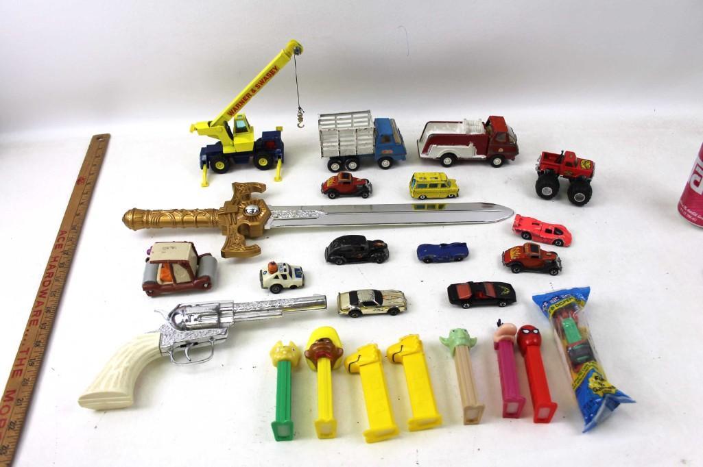 Vintage Toy Lot incl Die cast Cars and Trucks , Pez: Vintage Toy Lot incl Die cast Cars and Trucks including Tootsietoy , Pez Dispensers , Vintage Pony Boy Cap Gun , Etc