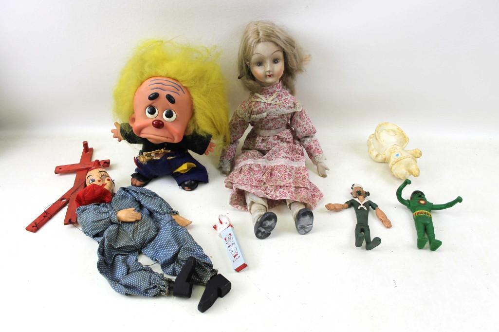 Lot of Vintage Toys and Dolls incl Marionette ,: Lot of Vintage Toys and Dolls incl Marionette , Pillsbury Dough Girl , Popeye , Bozo Pez dispenser , Etc Condition: please see all pictures. Marionette has cracks in the head a