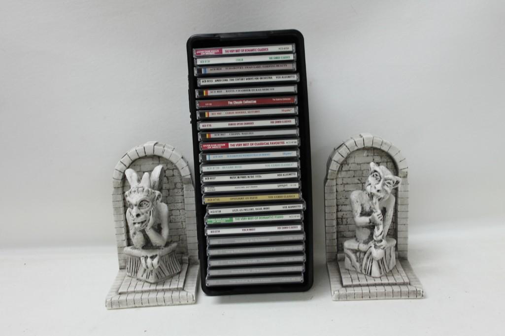 Lot of 2 Gargoyles book ends + 31 Music CD's (1 of 6)