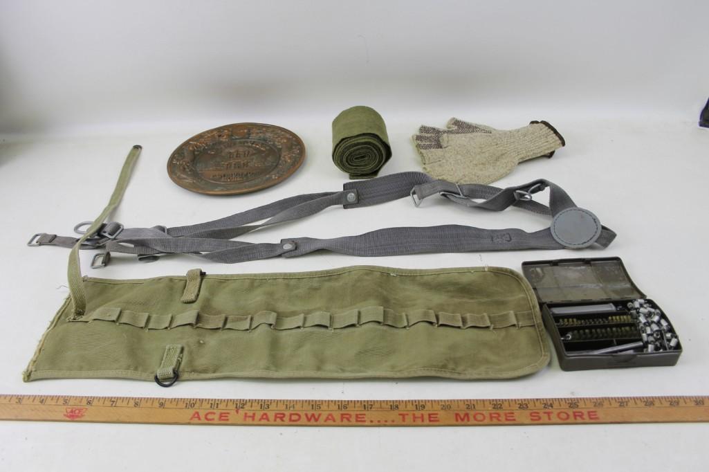 WW II Lot including Rifle cleaning Kit ammo belt, etc.: World War II Lot including Rifle cleaning Kit for German Army G3 Heckler & Koch Rifle - Nato stock No. 1005-12-140-6481 ammo belt, Bronze "Pan Mun Jom Korea" wall plaque plate, etc. 