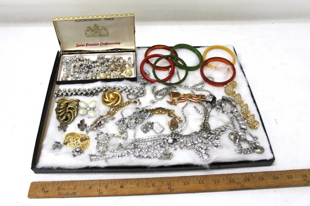 Vintage Costume Jewelry incl Rhinestone & Bakelite: Lot of Vintage Costume Jewelry incl Rhinestone Jewelry and Bakelite Bracelets . All of the bracelets are bakelite except for the bright red one.