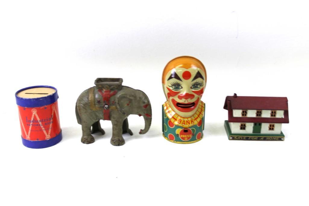Lot of 4 Vintage Coin Banks incl Tin Mechanical Clown ,: Lot of 4 Vintage Coin Banks incl Tin Lithograph Mechanical Clown bank stamped J Chein Co Made in USA , Cast Iron Elephant , Drum Bank with Industrial National Bank advertising , and a Save for a Home