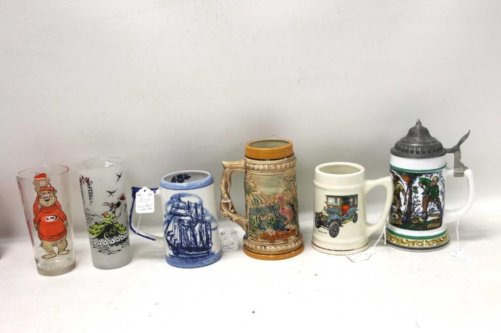 Lot of Vintage Steins , Mugs , Tumblers incl BMF Stein: Lot of Vintage Steins , Mugs , Tumblers incl BMF Stein milk glass with pewter lid , A&W Root Bear Tumbler , Royal Delft Mug or Stein , etc