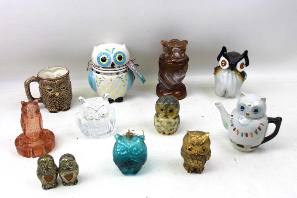 Lot of Owls Incl Pink Owl Flower Frog ,  Slag Glass , (1 of 5)