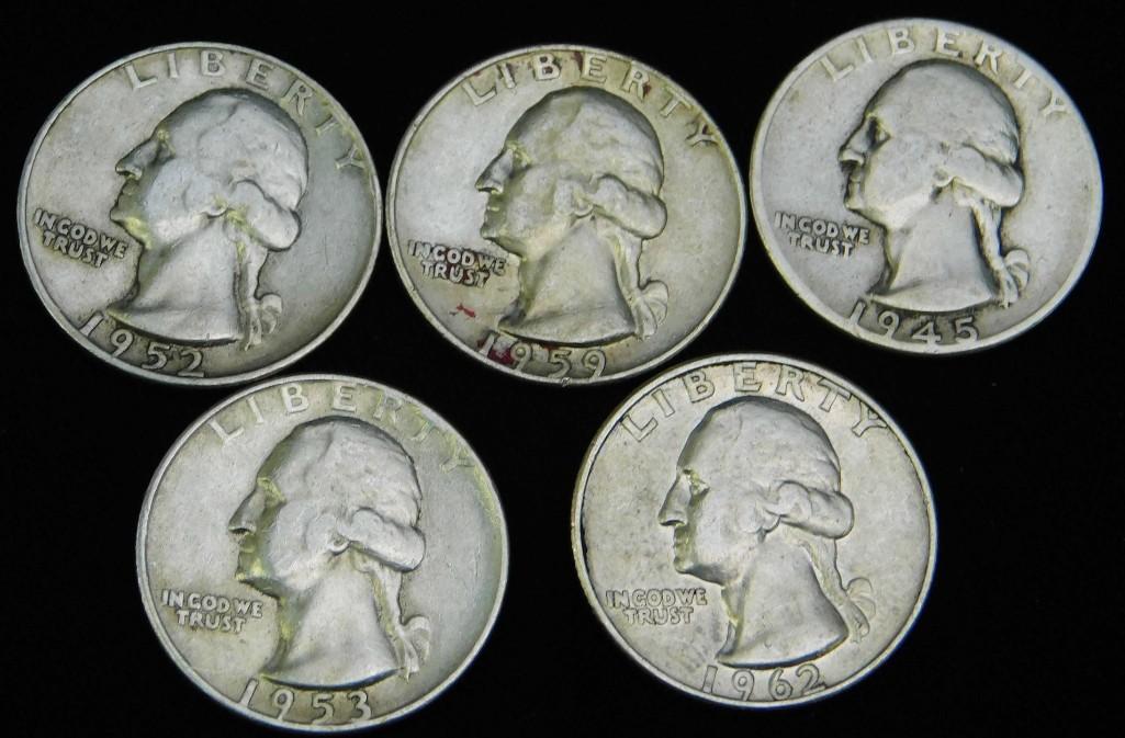 Lot of 5 Washington Quarters 90% Silver Pre 1964 (1 of 2)