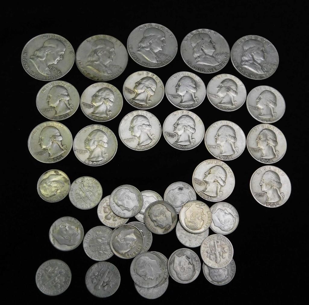 90% Silver Coin Lot incl 5 Franklins , 22 Dimes, 14 (1 of 2)