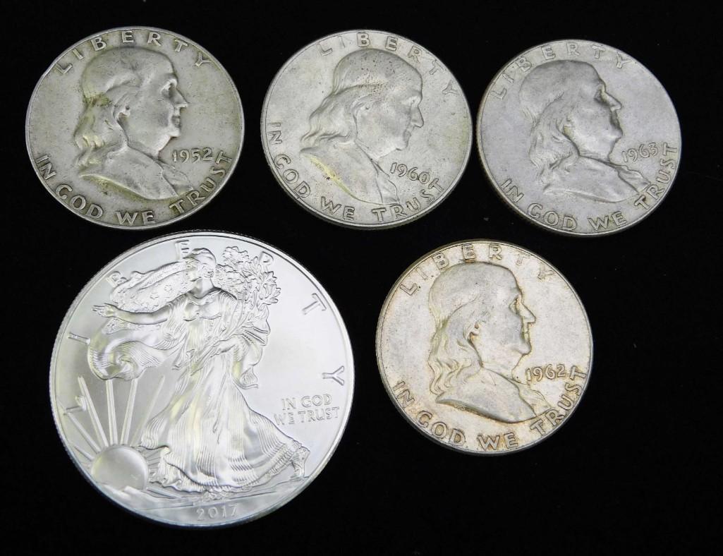 2017 BU American Silver Eagle and 4 Franklin Half (1 of 2)